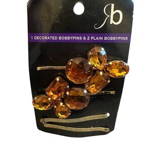 Siman Trio Decoratvie Bobby Pins Rhinestone Amber Color Gold New NIP